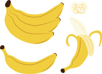 Banana, banana bunch, banana peeled and banana slices vector illustration.
