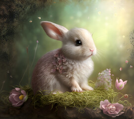 Rabbit in fairy spring background with easter theme.Generative ai