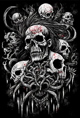Heavy Metal Poster Illustration with Evil Entity. Skulls, demons and ghosts. Detailed illustration, complex work, generative ai.