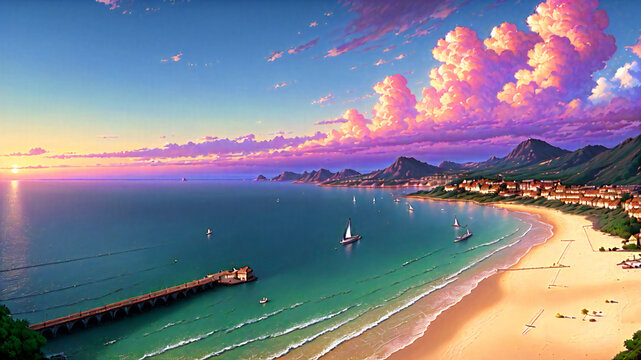 Hermoso Atardecer Medieval con Vista a la Playa, IA Generativa