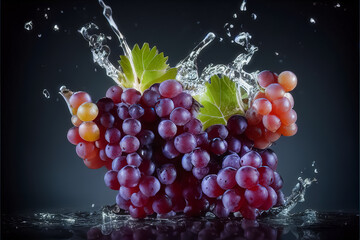 Sweet Purple Grapes in water splash on black . Generative AI