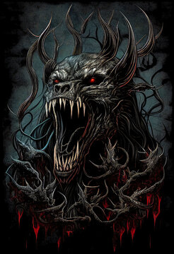 Heavy Metal Poster Illustration with Evil Entity. Skulls, demons and ghosts. Detailed illustration, complex work, generative ai.