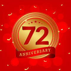 72 years anniversary. Anniversary template design concept with gold and red colors , design for event, invitation card, greeting card, banner, poster, flyer, book cover and print. Vector Eps10