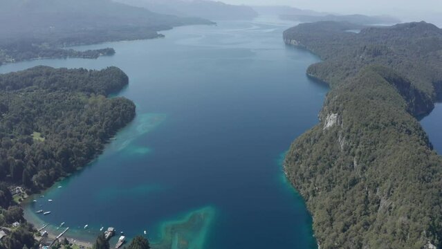 AERIAL - Nahuel Huapi Lake in Arrayanes National Park, Villa La Angostura, Neuquen, Argentina, reverse