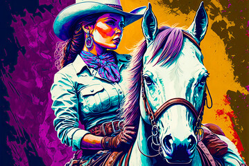 Cowgirl on horseback portrait, Old West. Generative AI