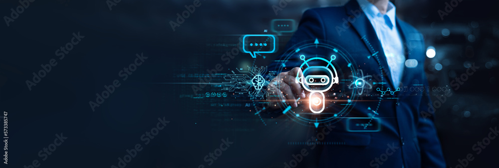 Poster AI chat bot communicate and answer question to businessman with smart solution idea. Artificial Intelligence powered system provide detail conversation interface to assist user making best decision.
