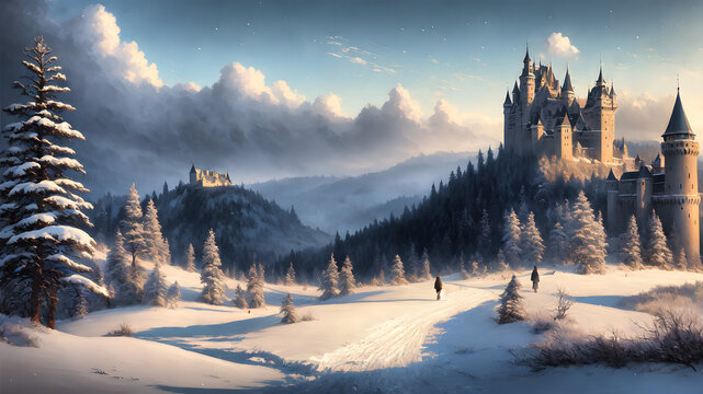 Hermoso Paisaje de Nevada en Castillo Medieval, IA Generativa