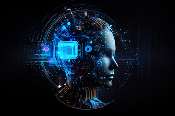 illustration of robot thinking design , network connection of AI power devolopment digital background , abstract background