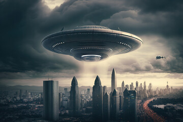 Fototapeta na wymiar Huge UFO hovering over city buildings. generative AI