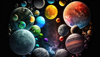 Obraz na płótnie Canvas A vibrant and ethereal display of planets and moons against a black background - a stunning art background wallpaper