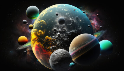 Fototapeta na wymiar A vibrant and ethereal display of planets and moons against a black background - a stunning art background wallpaper