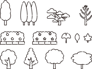 Naklejka premium 色々な樹木、街路樹と葉のセット5 黒の輪郭のみ