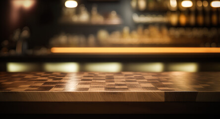 Selective focus.Dark counter bar or tabletop with blur light bokeh in dark nightclub,cafe or restaurant background.