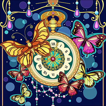 illustration of butterflies and a clock