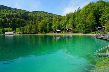 Fototapeta na wymiar View of the Fuschlsee lake near Salzburg in the Austrian Alps