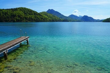 View of the Fuschlsee lake near Salzburg in the Austrian Alps