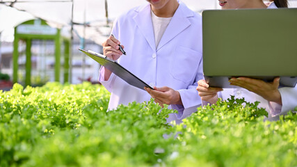 Two professional female agricultural scientists working in the greenhouse together