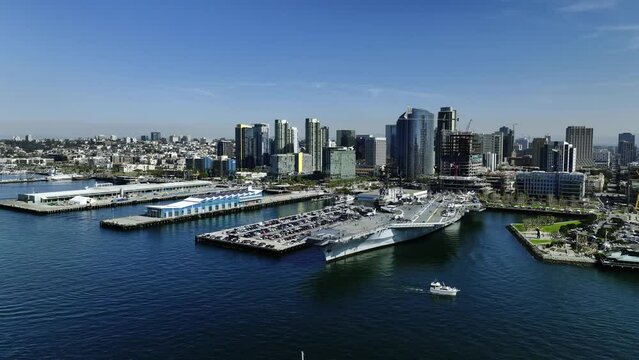 Aerial view around the seaside of San Diego city, sunny day in California, USA - orbit, drone shot