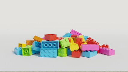 Colorful plastic building blocks on white background, Toy for children's creativity concept.