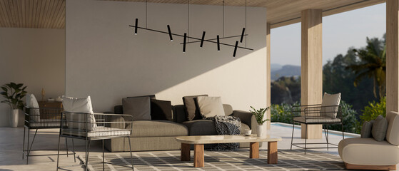 Modern luxury resort villa lounge or living space exterior with couch, stylish pendant, and decor