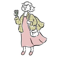 テイクアウトコーヒーを片手にお散歩する女性のイラスト素材
