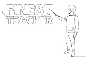 One continuous line of Man pointing at Finest Teacher word. Thin Line Illustration vector concept. Contour Drawing Creative ideas.