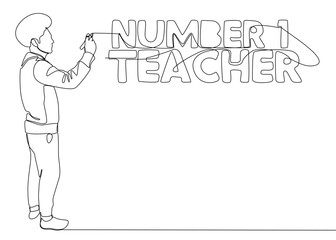 One continuous line of Man pointing at Number One Teacher word. Thin Line Illustration vector concept. Contour Drawing Creative ideas.