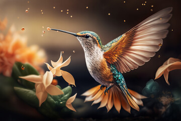 Beautiful Hummingbird in Tropical Garden. AI generated Illustration. - obrazy, fototapety, plakaty