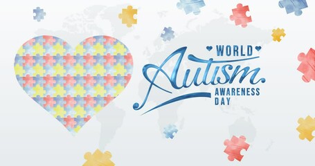 World Autism Awareness Day greeting animation text, lettering with puzzle ornament in gray gradient background, for banner, social media feed wallpaper stories - Powered by Adobe