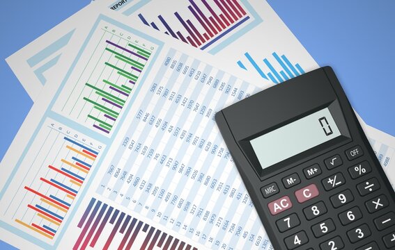 Calculation of annual economic statistics for marketing and strategy, calculator on spreadsheets and charts, 3d illustration