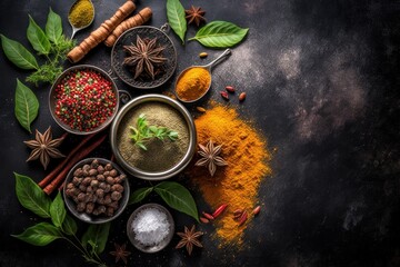 Vibrant, aromatic spices on the black background. Hues of ochre and turmeric. Wellbeing and health power concept. Copy space. AI image