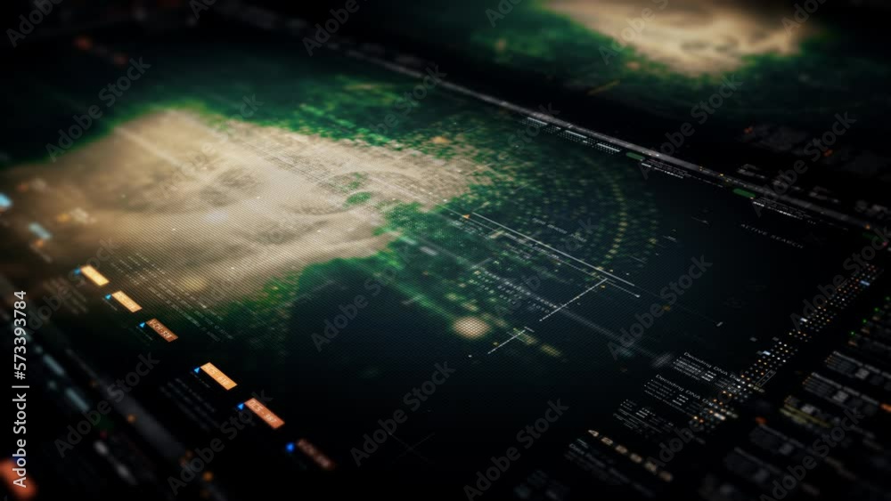 Leinwandbilder Futuristic abstract de-focus data matrix, meta, metaverse, telemetry and encrypt numbers display with particles simulation in cyber space environment for head up display background