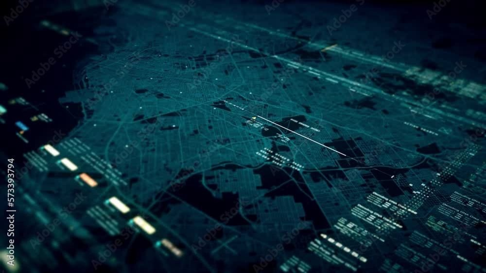 Aufkleber Futuristic motion graphic user interface head up display screen with digital data city map telemetry information display for digital background computer desktop display screen