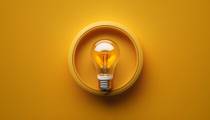  Yellow light bulb - flat lay from above. Idea innovation inspiration creativity concept.