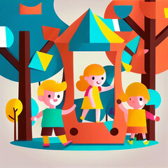 Bright and Cheerful Kids in Playground in papercut style. vector illustration background. generative ai