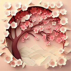 Spring Sakura Cerry Blossom Background in Papercut Style. Vector Illustration Background. Generative AI