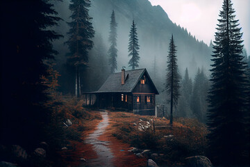 A cabin in the middle of a forest with fog and trees on the mountain side and a foggy sky above it, with a path leading to a cabin in the middle of the woods. Generative AI - obrazy, fototapety, plakaty