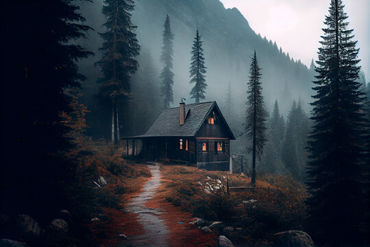 A cabin in the middle of a forest with fog and trees on the mountain side and a foggy sky above it, with a path leading to a cabin in the middle of the woods. Generative AI