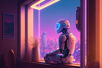 sad robot looks out the window, robotic recognizes emotions illustration Generative AI