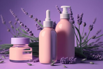 Obraz na płótnie Canvas lavender scented cosmetics cream and tonic bottles illustration Generative AI