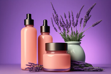 Fototapeta na wymiar violet lavender flower scented shampoo and gel pink bottles illustration Generative AI