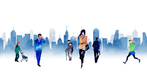 いろいろな人々がいる都市風景の水彩画