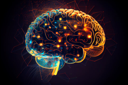 Mechanical brain on the table. Generative AI