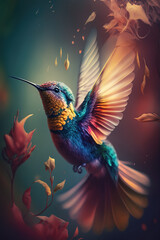 Beautiful Hummingbird in Tropical Garden. AI generated Illustration.