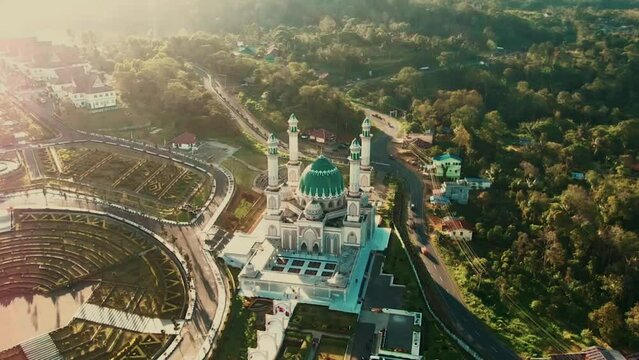 View of the Syahrun Nur Grand Mosque from a drone in Sipirok, South Tapanuli Regency. Syahrun Nur Mosque is one of the Islamic tourist destinations in North Sumatra