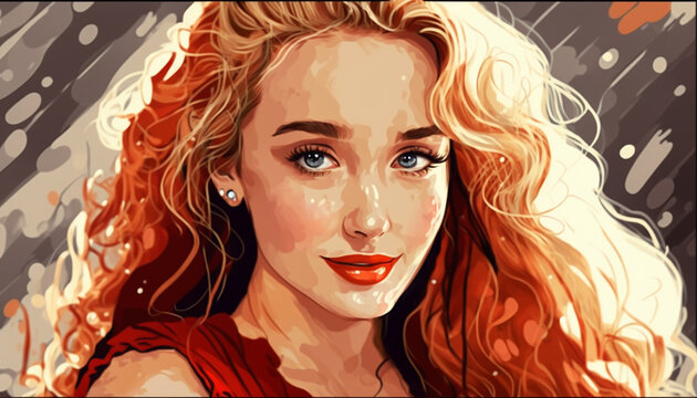 beautiful woman painting with blue eyes, AI, illustration