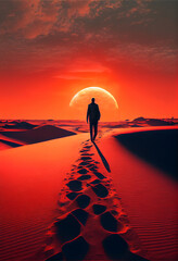 A man walks across a terracotta sunset trailing half - truths and lies. Generative AI