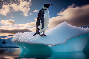 A picture of a penguin on iceberg, daytime, clear sky. Generative AI - obrazy, fototapety, plakaty