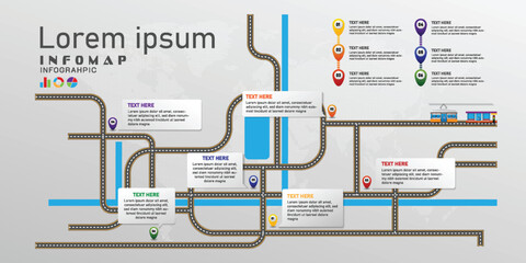 Citymap and numbers of pin infographic vector illustration with colorful topic information, timeline progress target roadmap concept