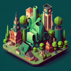 Isometric Green City Illustration. Generative Ai